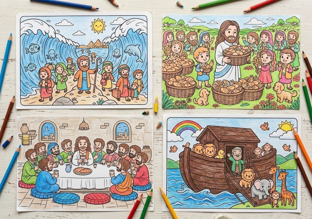 Páginas para colorear: Mar Rojo, multiplicación de los panes, Última Cena, Arca de Noé