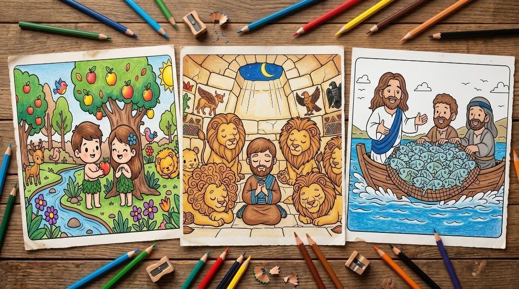 Páginas para colorear: Jardín del Edén, Daniel en el foso de los leones, pesca milagrosa